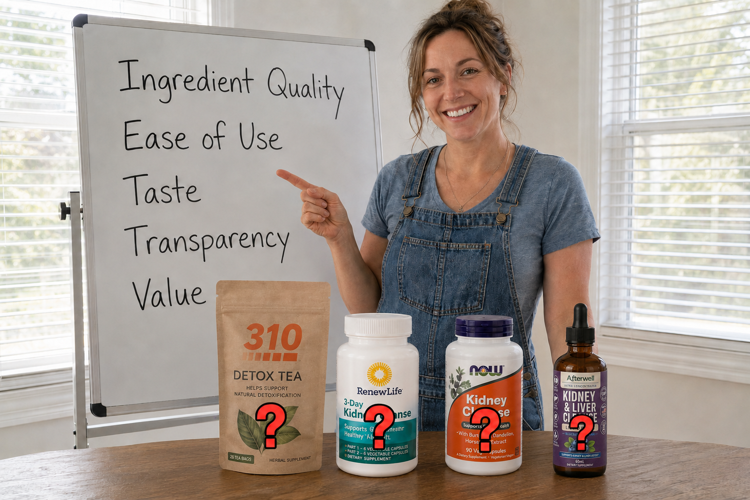 Woman comparing liver and kidney support products on a table with a whiteboard listing ingredient quality, ease of use, taste, transparency, and value