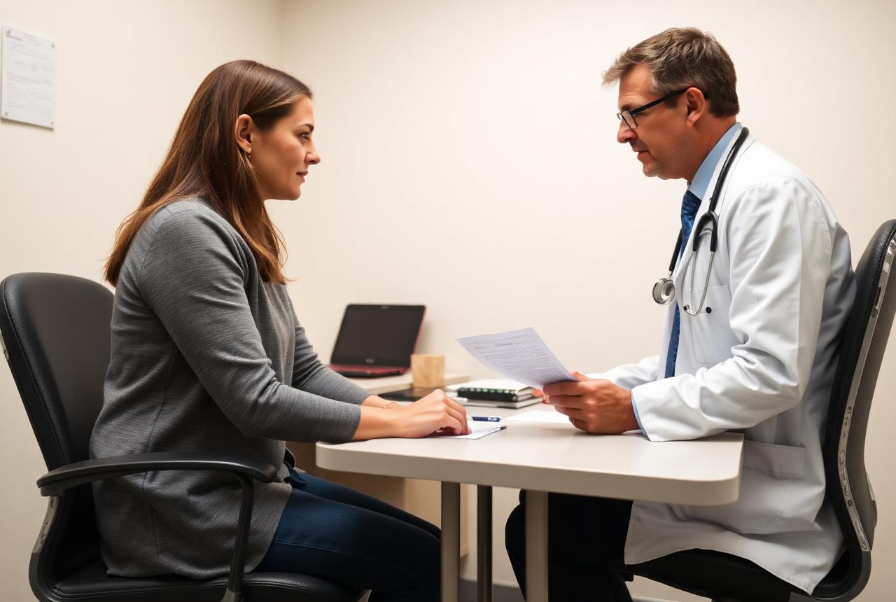 Woman reviewing a lab report with her doctor