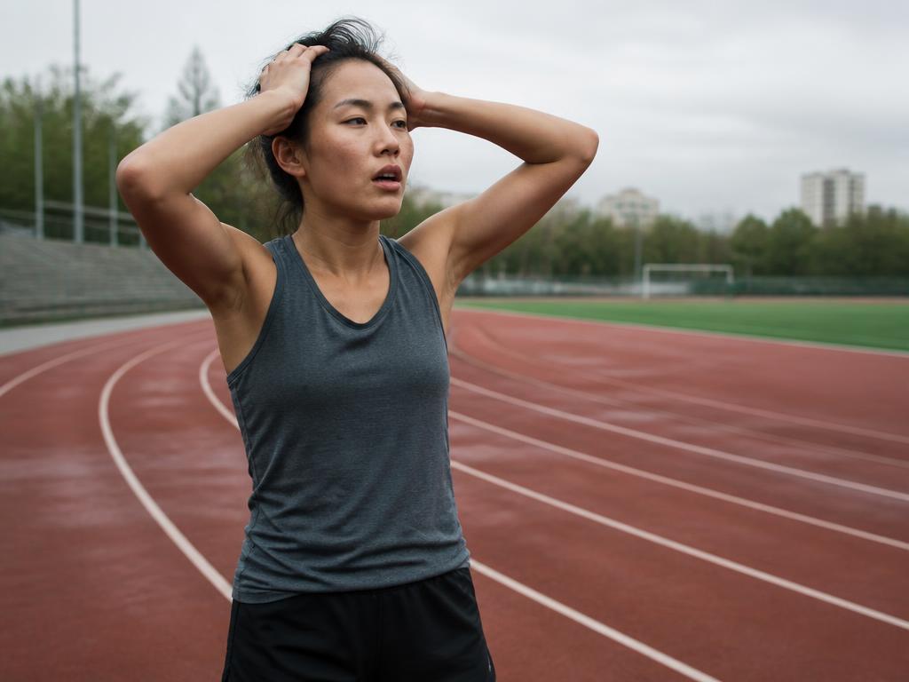 A runner standing with hands on her head after a hard session, clearly depleted