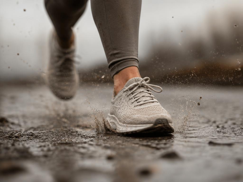 Close-up of a runner's shoe striking wet pavement mid-stride