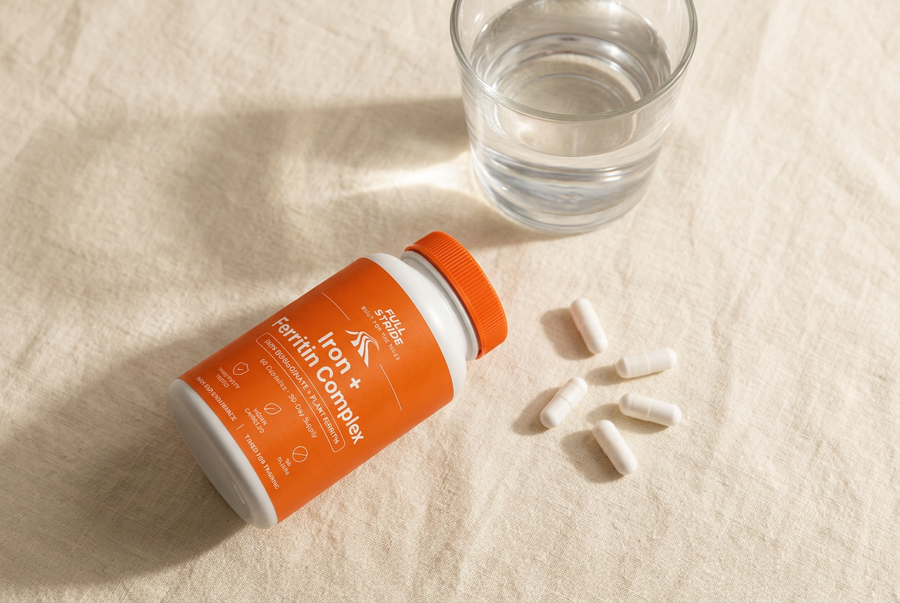 Flat-lay of the Full Stride Iron + Ferritin Complex bottle with capsules and a glass of water