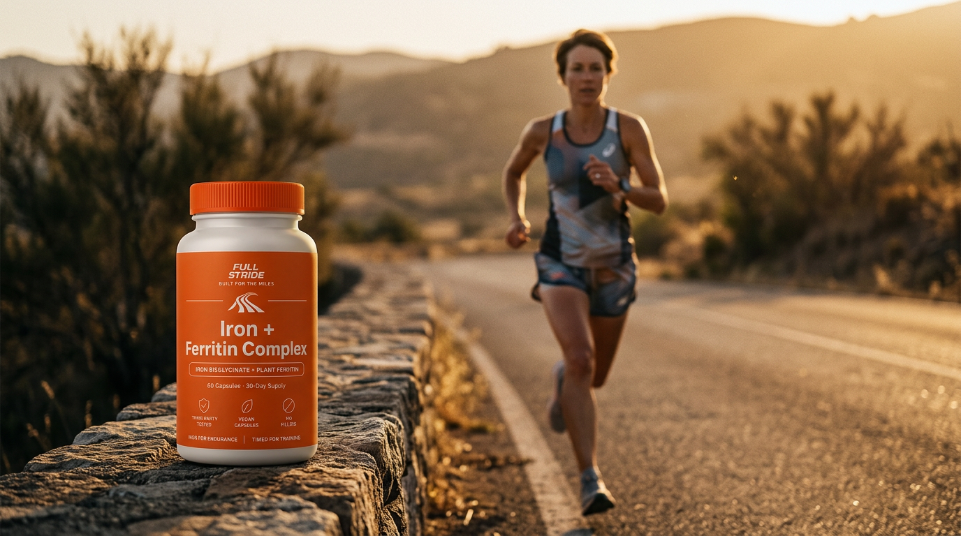 The Full Stride bottle on a roadside wall with a runner mid-stride at golden hour behind it
