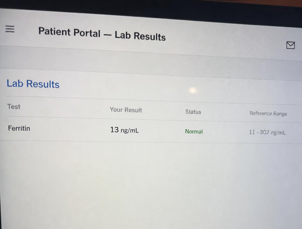 Illustrative screenshot of a generic patient portal showing a ferritin result of 13 ng/mL labeled Normal