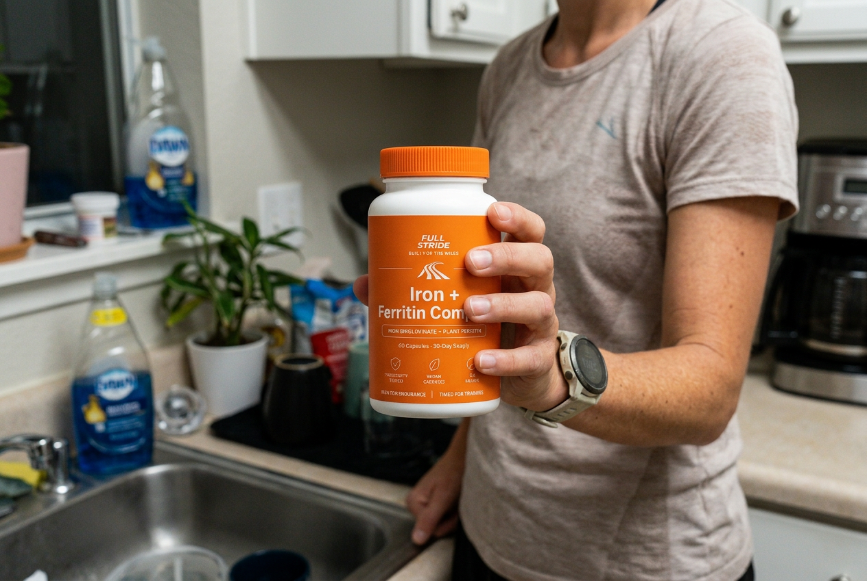 A customer holding the Full Stride bottle in a kitchen, casual phone-camera photo