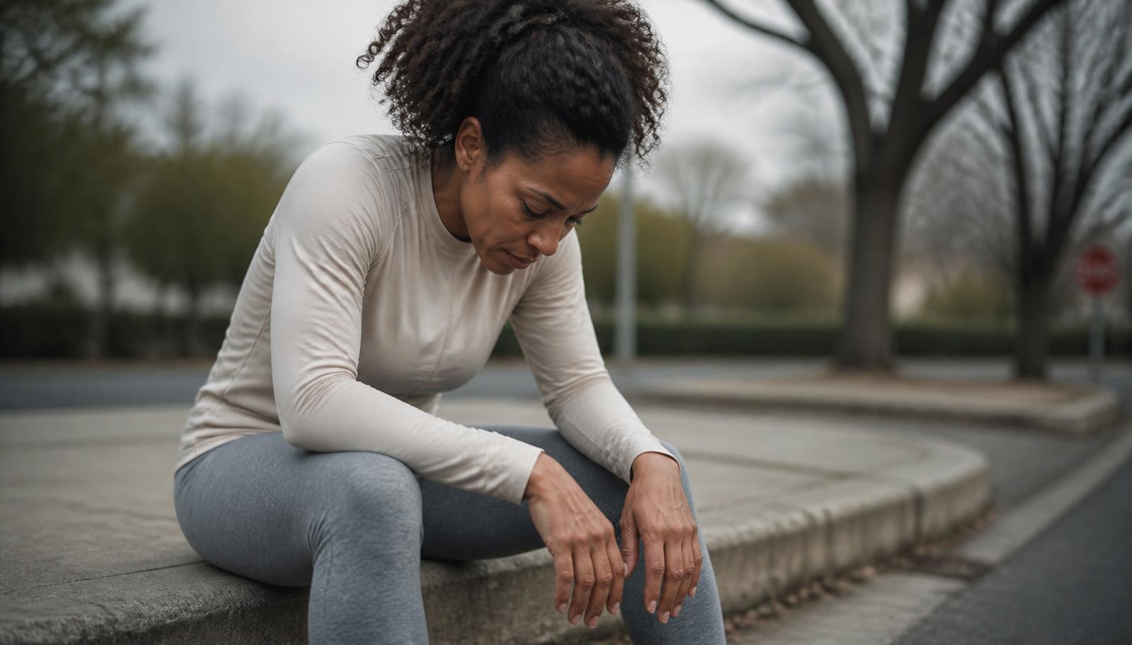 A runner sitting on a curb after a run, head down, catching her breath
