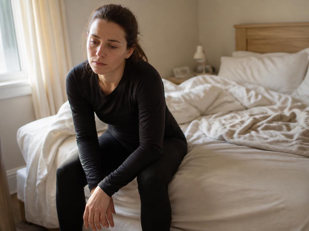 A runner sitting on the edge of a bed in morning light, looking drained